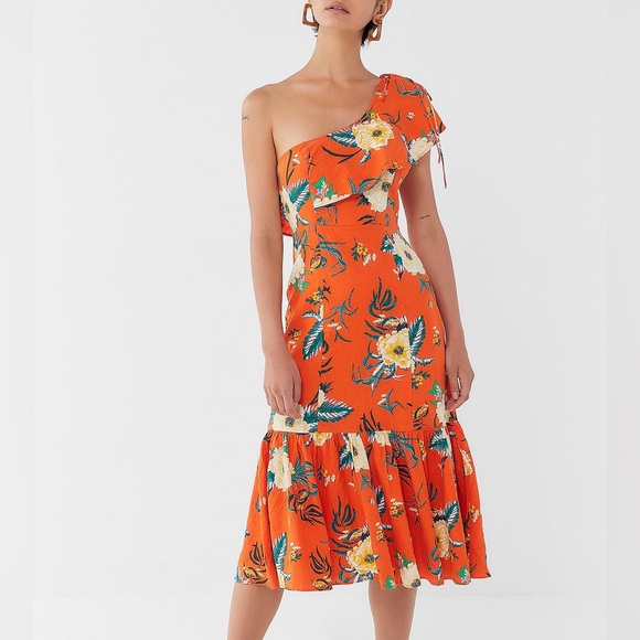 Urban Outfitters Dresses & Skirts - SOLD Urban Outfitters Floral One Shoulder Midi Dress Linen Pit to Pit 17.5” M